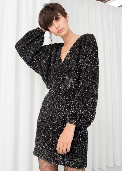 & other stories Sequin Mini Wrap Dress in black – shimmery party dresses - flipped