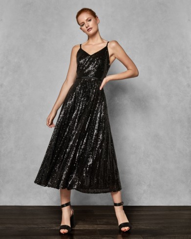 TED BAKER ETTA Sequin pleated maxi dress in black / shimmering fit and flare party dress