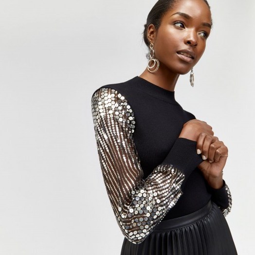 WAREHOUSE SEQUIN SLEEVE JUMPER in Black | glam party fashion - flipped