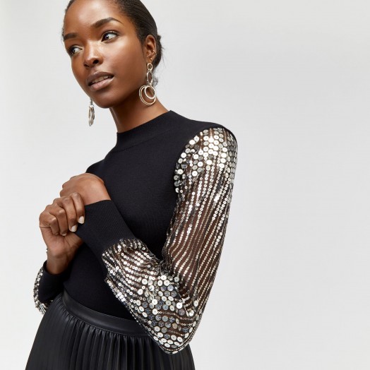 WAREHOUSE SEQUIN SLEEVE JUMPER in Black | glam party fashion