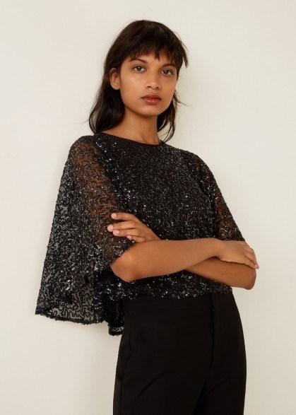 MANGO Sequined top in black – MONETT | sparkly flutter sleeve tops - flipped