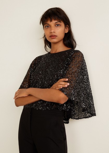MANGO Sequined top in black – MONETT | sparkly flutter sleeve tops