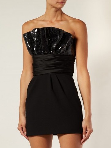 SAINT LAURENT Black sequinned gathered mini dress | strapless party dresses | glamorous LBD - flipped