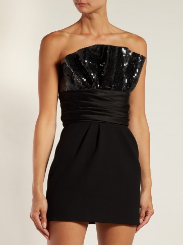 SAINT LAURENT Black sequinned gathered mini dress | strapless party dresses | glamorous LBD