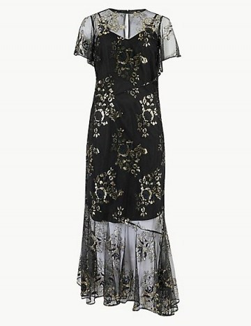 M&S COLLECTION Short Sleeve Fishtail Tea Midi Dress in Black ~ gold floral lace - flipped