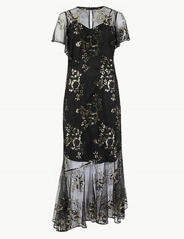M&S COLLECTION Short Sleeve Fishtail Tea Midi Dress in Black ~ gold floral lace