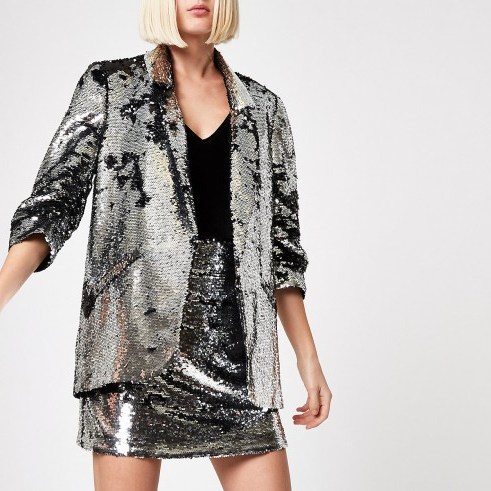 River Island Silver sequin ruched sleeve blazer | glam party jacket - flipped