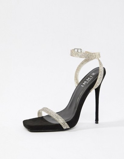 Simmi London Jenny black embellished heeled sandals | strappy diamante party heels - flipped
