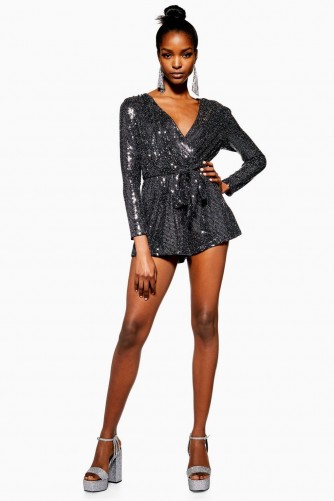 Topshop Sparkle Wrap Playsuit in silver | glam party wear