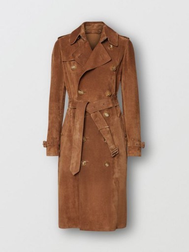 BURBERRY Suede Trench Coat in Sepia Brown ~ classic belted coat - flipped