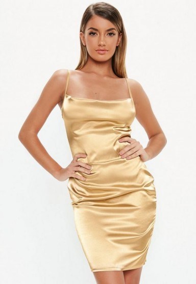 Missguided tall gold satin cowl neck mini dress | strappy party dresses - flipped