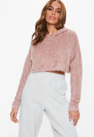 MISSGUIDED tall rose fluffy hooded cropped jumper – pink crop hem pullover