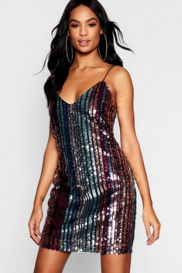 boohoo Tall Sequin Stripe Cami Dress | strappy sequinned party dresses