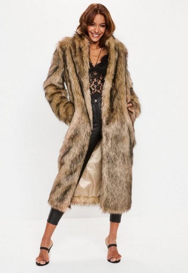 MISSGUIDED tan tipped faux fur maxi coat – shades of brown - flipped
