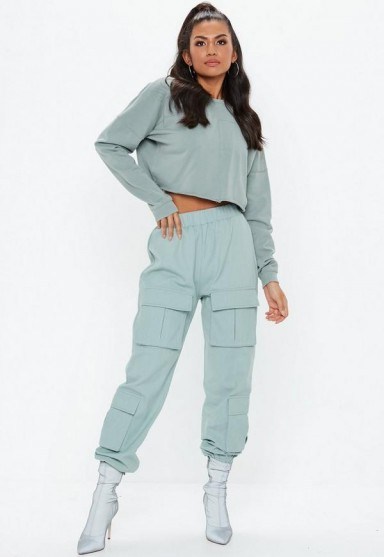 Missguided teal utility pocket cargo trousers | cuffed pants - flipped