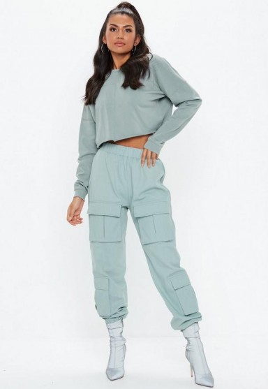 Missguided teal utility pocket cargo trousers | cuffed pants