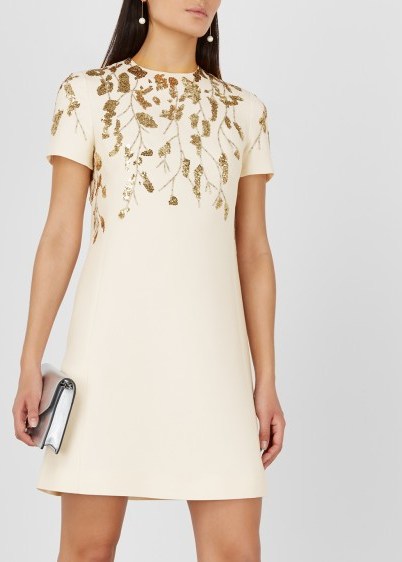 VALENTINO Ecru embellished wool-blend dress ~ gilded bead and sequinned A-line shift - flipped