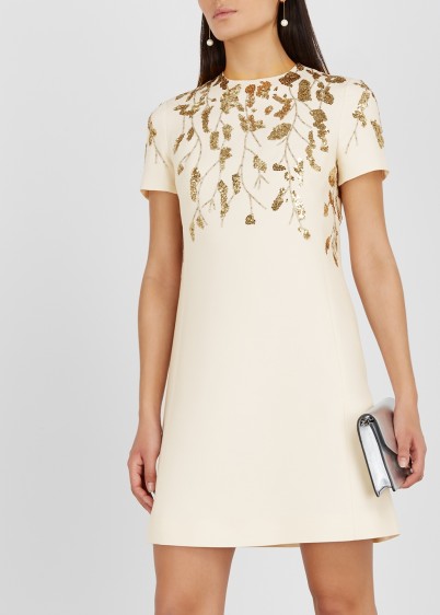 VALENTINO Ecru embellished wool-blend dress ~ gilded bead and sequinned A-line shift