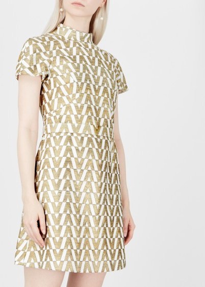 VALENTINO Gold jacquard high neck mini dress ~ metallic graphic logo design - flipped