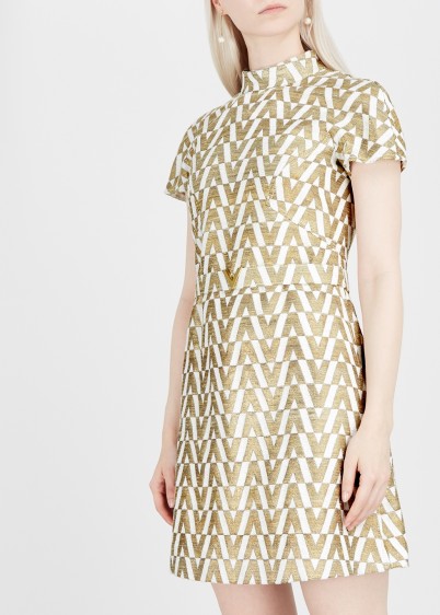 VALENTINO Gold jacquard high neck mini dress ~ metallic graphic logo design