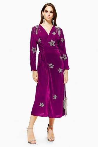 Topshop Velvet Embellished Wrap Dress in Magenta | party dresses - flipped