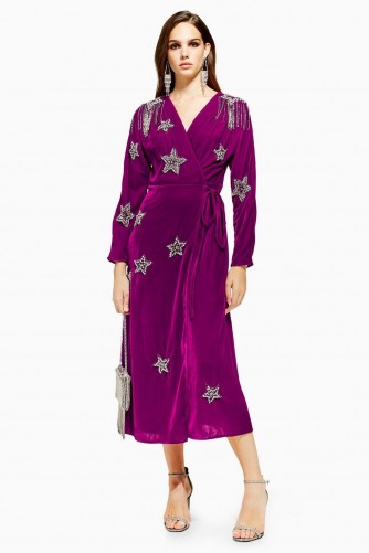 Topshop Velvet Embellished Wrap Dress in Magenta | party dresses
