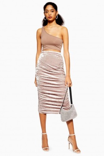 Topshop Mink Velvet Ruched Midi Skirt | gathered pencil skirts - flipped
