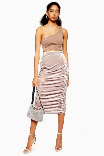 Topshop Mink Velvet Ruched Midi Skirt | gathered pencil skirts