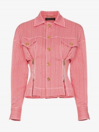 Versace Red and White Check Print Zip Detail Cropped Jacket - flipped