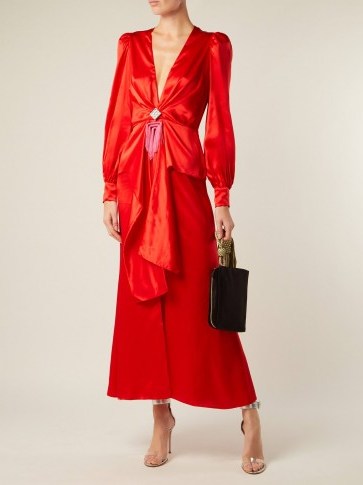 ALESSANDRA RICH Red V-neck crystal-embellished silk-satin dress | party glamour - flipped