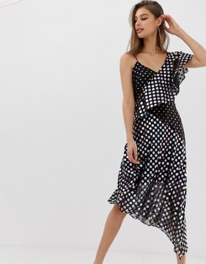Warehouse asymmetric midi dress in mixed spot foil print - flipped
