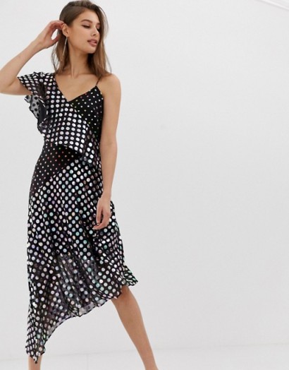 Warehouse asymmetric midi dress in mixed spot foil print