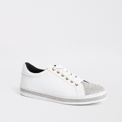 River Island White diamante embellished lace-up plimsolls | sports luxe footwear - flipped
