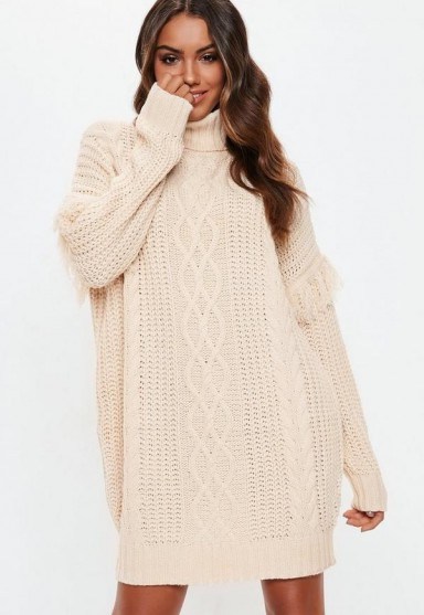 Missguided white roll neck knitted fringed jumper dress | cable knit sweater dresses - flipped