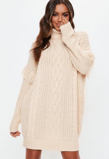 Missguided white roll neck knitted fringed jumper dress | cable knit sweater dresses
