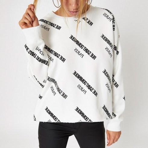 River Island White ‘rue saint’ print raw hem sweatshirt | monochrome slogan top - flipped