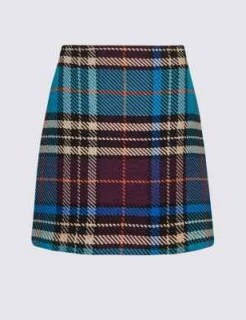 M&S COLLECTION Wool Rich Checked A-Line Mini Skirt in Blue Mix / tartan skirts - flipped