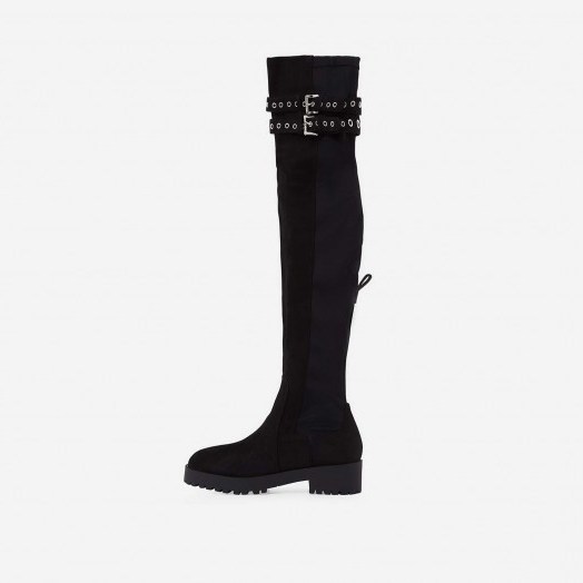 EGO Yoel Over The Knee Long Boot In Black Faux Suede – long eyelet strap boots - flipped