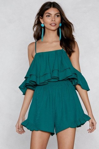 NASTY GAL You Just Keep Getting Better Ruffle Romper in Green | strappy party playsuit - flipped