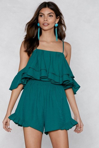 NASTY GAL You Just Keep Getting Better Ruffle Romper in Green | strappy party playsuit