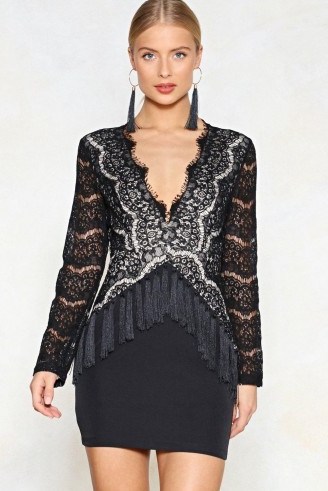 NASTY GAL You’re So Deep Tassel Dress in Black | lace bodycon | LBD | plunging party frock - flipped