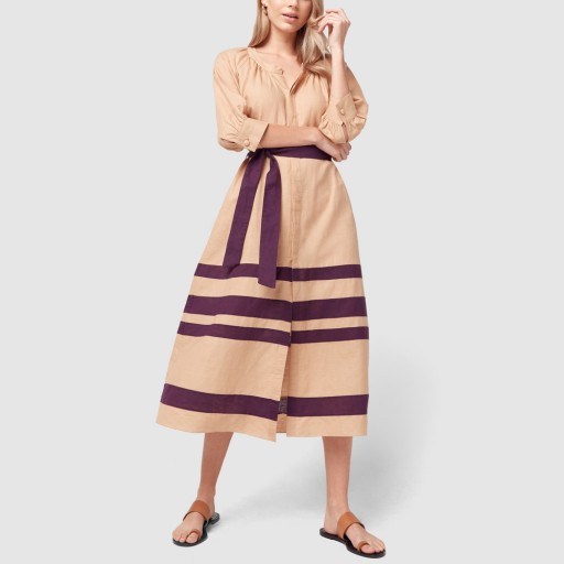 Adriana Degreas BICOLOR FRILLED MIDI DRESS in beige with purple stripes - flipped
