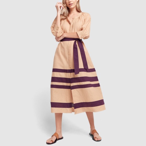 Adriana Degreas BICOLOR FRILLED MIDI DRESS in beige with purple stripes