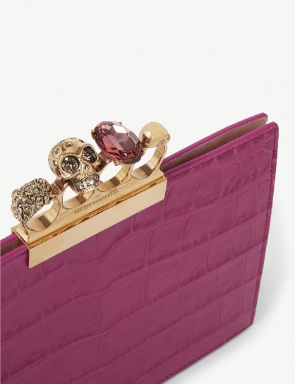 ALEXANDER MCQUEEN Crocodile-effect jewelled knuckleduster leather clutch in deep orchid ~ luxe evening bags - flipped