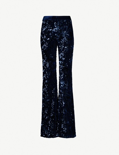 ALEXIS Benny sequin-embellished high-rise velvet trousers in navy ~ bling party pants