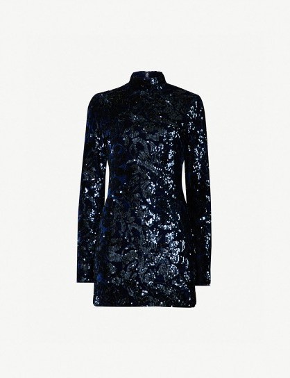ALEXIS Rhapsody high-neck sequin-embellished velour dress in navy ~ blue bling party dress - flipped
