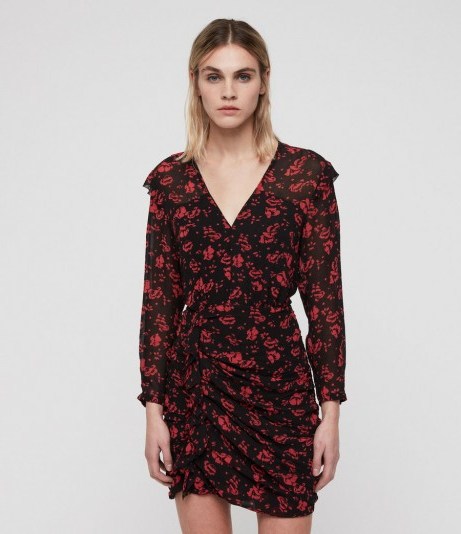 ALLSAINTS HARLOW EIRA DRESS coral red – ruched floral dresses - flipped