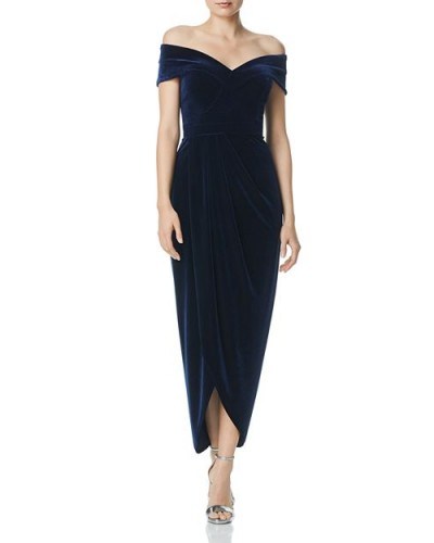 AQUA Off-the-Shoulder Velvet Gown in navy ~ chic blue event wear - flipped