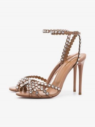 Aquazzura Pink Tequila 105 Suede Crystal Embellished High Heels / ankle strap sandals - flipped
