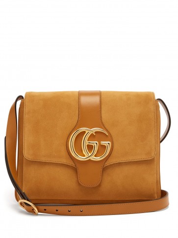 GUCCI Arli GG suede and leather cross-body bag in tan / designer logo bags